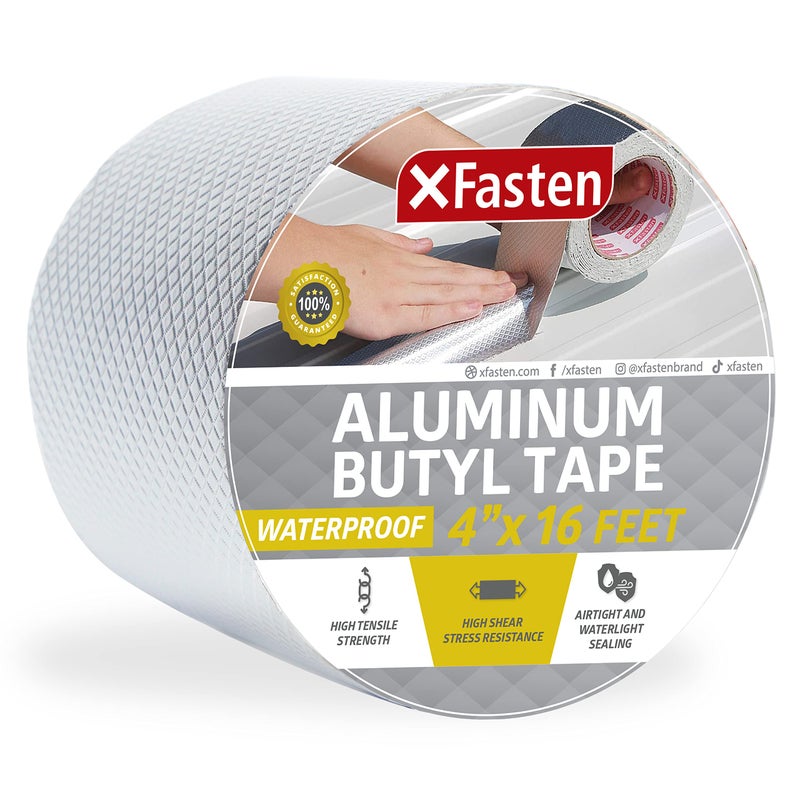 XFasten Super Waterproof Aluminum Butyl Tape, 4-Inch x 16-Foot, Aluminum Foil Tape with Butyl Rubber Adhesive for Window and Metal Roof Flashing, Patching and Gutter Leak Repair - Image 1